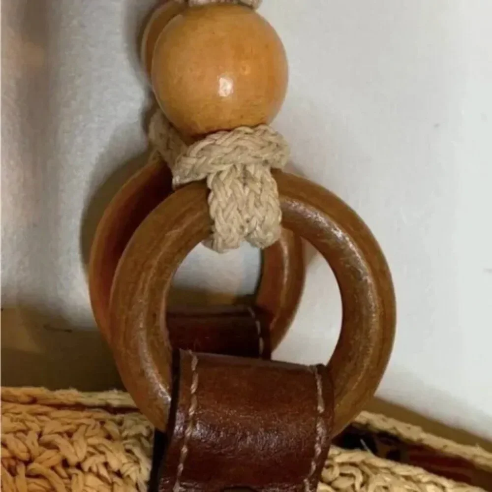 Fossil Multi-Colored Raffia Straw Shoulder Bag with Leather Straps Wood Accents